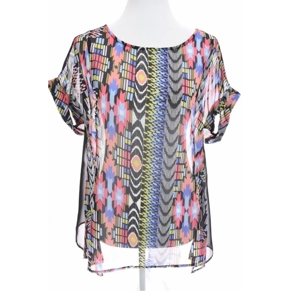 Cha Cha Vente Colorful Aztec Geometic Sheer Asymmetrical Top Blouse Womens Sz M - Picture 10 of 10
